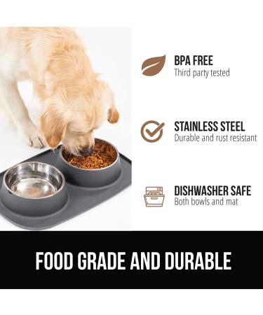 Gorilla Grip 100% Waterproof BPA Free Cat and Dog Bowls Silicone Feeding Mat Set Stainless Steel Bowl Slip Resistant Raised Edges Catch Water Food Mes