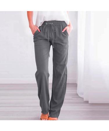 Womens Straight Leg Long Pants Casual Loose Drawstring Elastic Waisted  Solid Cotton Line Trousers with Pockets Dark Gray-09 3X-Large