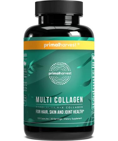 Multi Collagen Pills for Women and Men by Primal Harvest (Type I, II, III, V, X) Collagen Supplements for Women and Men, 120 Capsules w/ Vitamin C for Hair, Skin, Nails - Collagen Peptides Pills