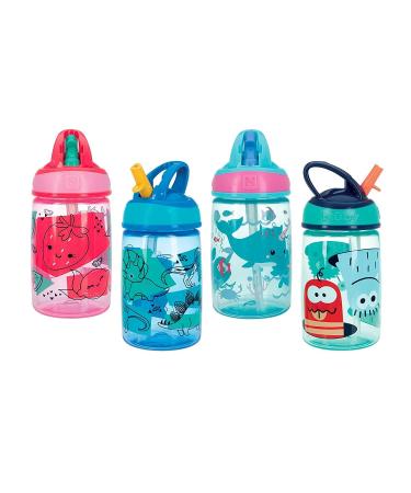 Nuby Flip-it Kids On-The-Go Printed Water Bottle with Bite Proof Hard Straw  - 12oz / 360 ml, 18+ Months, 2 pk Prints May Vary