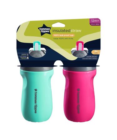 Tommee Tippee Insulated Toddler Water Bottle with Straw 2 Pack, 12m+ Pink &  Mint