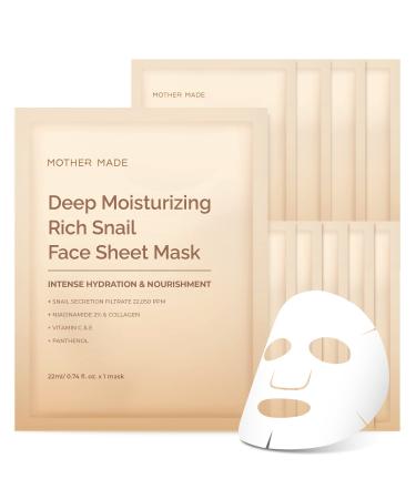 MOTHER MADE Korean Face Mask 10 Sheets with Snail Mucin 20 050PPM  Collagen  2% Niacinamide  Vitamin C & D | Hydrating Anti-aging Face Masks  Korean Skincare  Snail Secretion Filtrate 22 050 ppm 10 Count (Pack of 1)