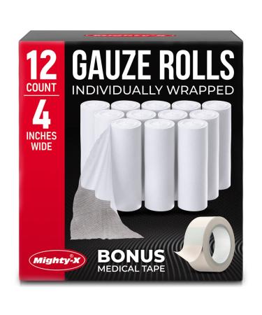 Premium Gauze Rolls - Pack of 12 - Individually Wrapped - 4 x 4.1 yd Rolled Gauze + Free Bonus Tape