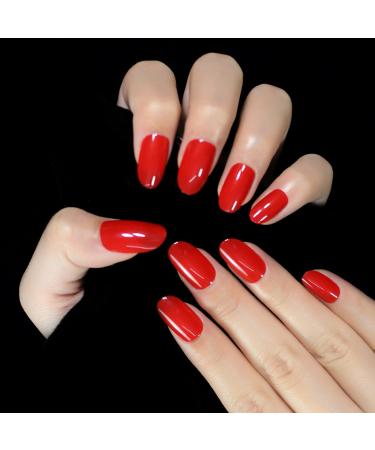 iMABC Medium Oval Glossy Press on False Nails Bright Blood Red Fake Nails Fingersnails Salon Manicure Faux Ongles for Women Girls Daily Reusable Nails L6311