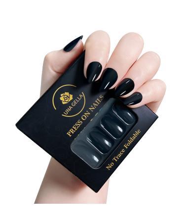 UNA GELLA Short Press On Nails - Black Short Almond Nails Acrylic Long Lasting Reusable Fit Perferctly For Women and Girls  12 Sizes 24 Pcs Gel Jelly Color Tips with Elegant Box