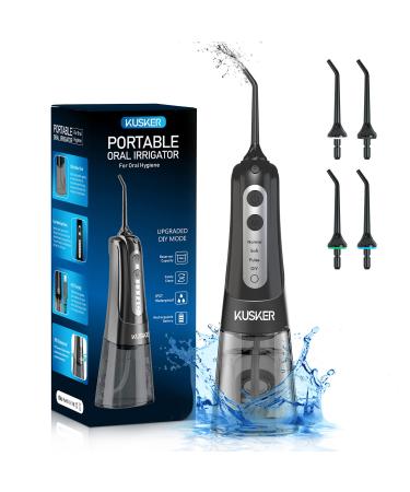 Water Dental Flosser Cordless, KUSKER Portable Oral Irrigator for Teeth, 4 Modes and 4 Jet Tips, IPX7 Waterproof, Rechargeable for 30-Days Use, Home, Travel, Braces, Bridges Care(Black)