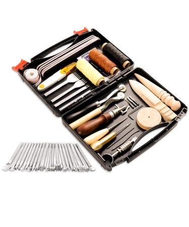 50 Pieces Leather Working Tools and Supplies with Leather Tool Box Prong Punch Edge Beveler Wax Ropes Needles Perfect for Stitching Punching Cutting Sewing Leather Craft Making