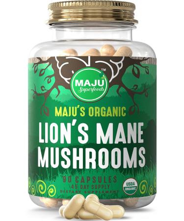 MAJU Organic Lions Mane Mushroom Capsules 90ct Fruiting Bodies Steam Extract Organic Mushrooms w/Black Pepper Extract Hericium Erinaceus