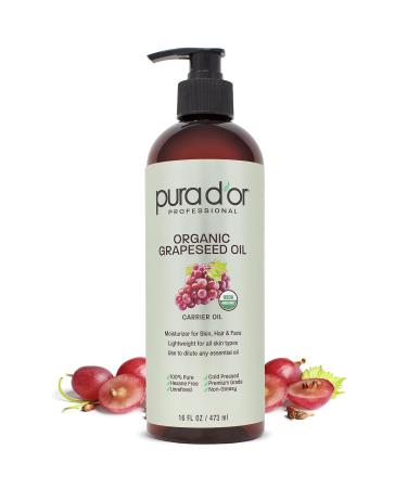 PURA D'OR Organic Grapeseed Oil  100% Pure USDA Certified Natural  Cold Pressed Carrier Oil  Light & Silky  Helps Moisturize  Clarify & Brighten For Full Body Massage  Hair  Skin & Face  16oz