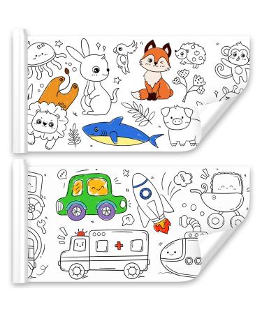 2 Pcs Children's Drawing Roll, Coloring Paper Roll for Kids, 11811.8 Inch Sticky DIY Painting Drawing Paper Rolls for Toddler, Christmas Gift, Wall Coloring Paper Stickers (Animals & Transportation) Transportation and Animals