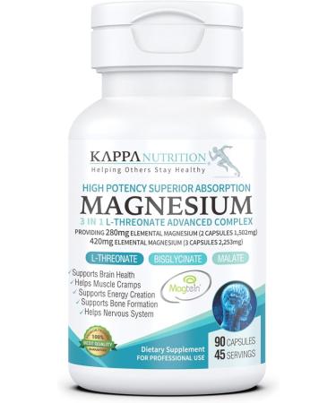 Kappa Nutrition Magnesium LThreonate 2253mg Per Serving Providing 420mg Elemental Bisglycinate Chelate Malate  (90 Capsules),