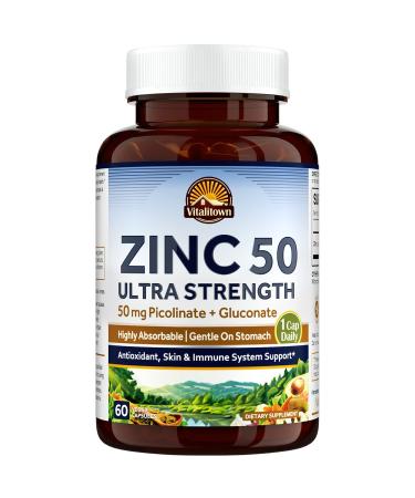 Vitalitown Zinc 50 mg Zinc Picolinate Zinc Gluconate 60 Veggie Capsules No Zinc Oxide Well-Absorbed Chelated Zinc Supplement Immune System Healthy Skin & Development Vegan NO Gluten Non-GMO