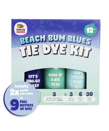 Blue Colors Tie Dye Kit in Beach Bum Blue Tie Dye - Custom Clothing Dye with 6 Refills for Summer Fun - Soda Ash - Ties - Tie Dye Party Supplies with Aqua Tie Dye Techniques Guide DIY Blue,Indigo,Ash,Aqua,Teal