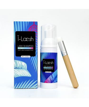 Lash Shampoo for Lash Extensions + Brush i-Laesh 1.69fl.oz/50ml - Mild Formula Eyelash Extension Cleanser Foam - Paraben & Sulfate Free - Safe Makeup & Mascara Remover - Professional Salon & Self Use