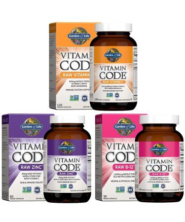 Garden of Life Vitamin C & Zinc Supplements 30mg High Potency Raw Zinc and Vitamin C Multimineral Supplement 60 Vegan Capsules & B12 - Vitamin Code Raw B-12-30 Capsules