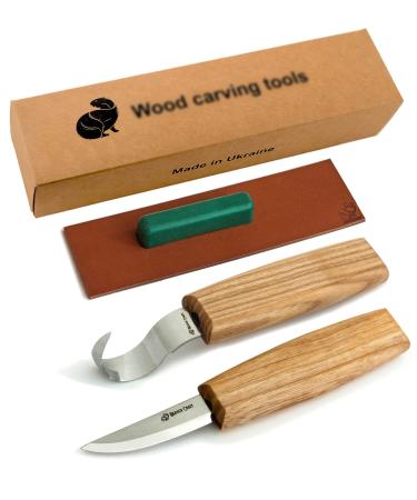 BeaverCraft S13 Wood Carving Tools Set for Spoon Carving 3 Knives in Tools Roll Leather Strop and Polishing Compound Hook Sloyd Detail Knife Right