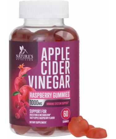 Apple Cider Vinegar Gummy Vitamins for Weight Loss & Cleanse 1000mg - Gelatin-Free Vegan Non-GMO Made with Beet Root & Essential Vitamin B12 for Energy - Apple Raspberry Flavor - 60 Gummies 60 Count (Pack of 1)