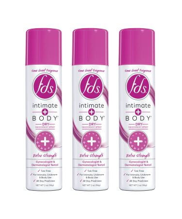 FDS Intimate Deodorant Spray, Extra Strength, 2 oz (Pack of 3) Feminine Spray for All Day Freshness & Odor Protection; pH-balanced, Talc-Free, Gynecologist Tested Extra Strength 2 Ounce (Pack of 3)