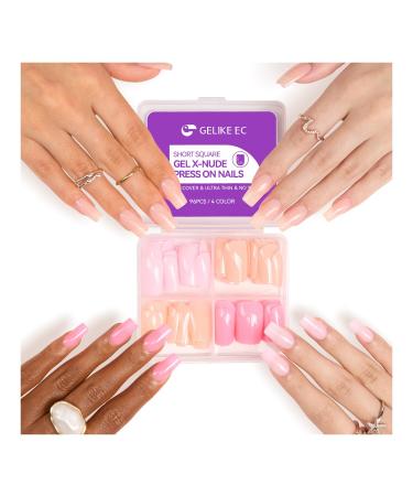 Colored Gel x Nail Tips Square - 96Pcs 4 Colors Nude and Pink for Short Length Gelike EC 4 in 1 X-coat Tips with Top Primer Cover Soft Gel Nail Tips for Nail Extensions 1-96pcs-square
