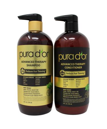 24 Fl Oz Shampoo + 24 Fl Oz Conditioner. PURA D'OR Advanced Therapy System Shampoo & Conditioner Reduces Hair Thinning for Thicker Head of Hair  Infused with Premium Organic Argan Oil & Aloe Vera
