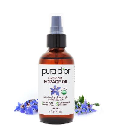 PURA D'OR Organic Borage Seed Oil (4oz / 118mL) 100% Pure USDA Certified Premium Grade Natural Moisturizer  Cold Pressed  Unrefined  Hexane-Free Base Carrier Oil for DIY Skin Care For Men & Women