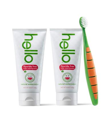 Hello Oral Care Kids Fluoride Free and SLS Free Toothpaste Twin Pack with BPA-Free Kids & Toddler Toothbrush Natural Watermelon