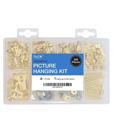 Assorted Picture Hanging Kit | 220 Piece Assortment with Wire, Picture Hangers, Hooks, Nails and Hardware for Frames
