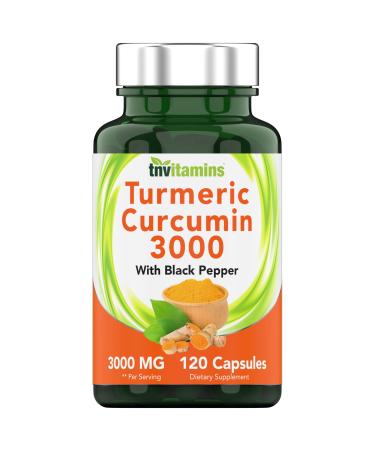 tnvitamins Turmeric Curcumin Capsules with Black Pepper | 3000 MG - 120 Capsules | Extra Strength Golden Turmeric Curcumin Supplement | Non-GMO | Produced in The USA