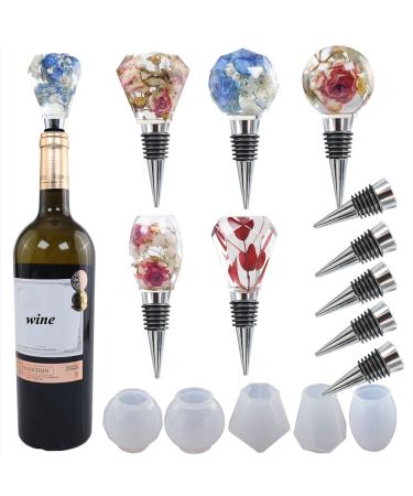 Geometric Spherical Bottle Stopper Resin molds,5Pcs Wine Bottle Stopper Crystal Epoxy Silicone Mold with 5Pcs Stopper,Crystals Gem Shape Resin Epoxy Molds for DIY Casting Crafts Making