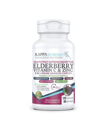 KAPPA NUTRITION Sambucus Elderberry Vitamin C Zinc Vitamin D3 5000 IU & Ginger (120 Capsules) - Antioxidant & Immune Support Supplement 2 Month Supply - 5 in 1 Black Elderberry for Adults