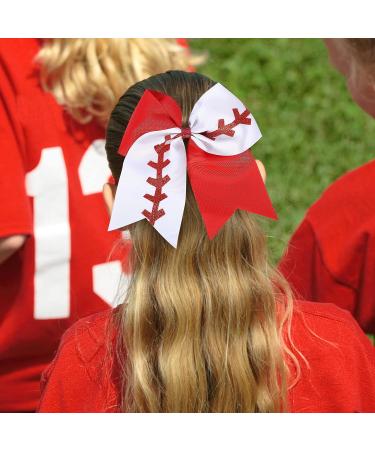 Large Softball Ribbon Hair Bows | Boutique Baseball for Girls White
