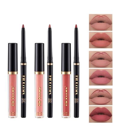 SUMEITANG 6Pcs Lip Liner and Lipstick Makeup Set  3 Matte Nude Liquid Lip Stick With 3 Matching Smooth Lipliner pencil  All in One Waterproof Long Lasting Lipgloss Girls&Women Lips Makeup Gift Set 01