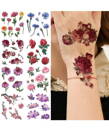 glaryyears 8 Sheets 3D Effect Flower Floral Temporary Tattoos  Arm Chest Leg Tattoo Sticker for Women  Rose Chrysanthemum Designs Body Art on Back Shoulder Waterproof Medium Size Pattern C