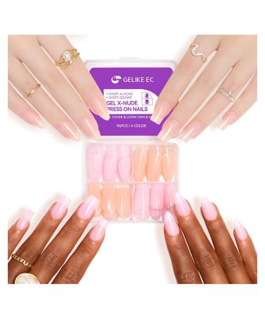 Colored Gel X Nail Tips - 96Pcs Nude Gel X Nails for Short Length Gelike EC 4 in 1 Mixed X-coat Tips with 2 Colors Almond and Square Shape Press on Nails Soft for Nail Extensions 1-96pcs-mixed