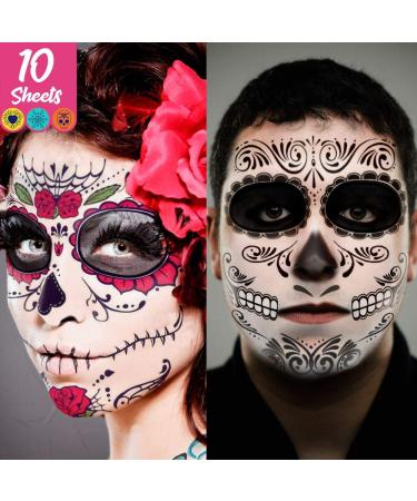 Day of the Dead Face Tattoos Skeleton, dia de los muertos makeup Day of the Dead Makeup,Skeleton Sugar Skull Face Tattoo Kit,Halloween Makeup Skeleton Tattoos Temporary,Glitter Red Roses Face Body Red Rose Day