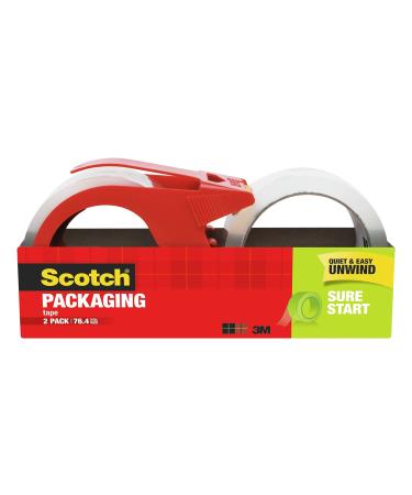 Scotch Sure Start Packaging Tape, 1.88" x 38.2 yd, Designed for Packing, Shipping and Mailing, Smooth and Quiet Unwind, 3" Core, Clear, 2 Rolls w/1 Dispenser (3450S-2-1RD)