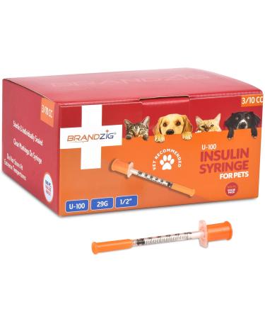 Brandzig U-100 Pet Insulin Syringes 29G 3/10cc, 1/2