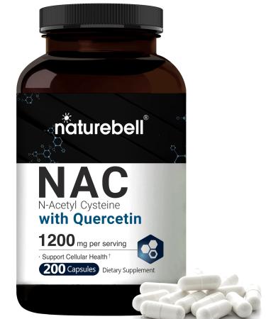 N-Acetyl-Cysteine (NAC) 1200mg Per Serving, 200 Capsules, NAC 600mg with Quercetin Per Capsule, Double Strength NAC Supplements, Support Liver & Lung Health, Non-GMO, No Gluten