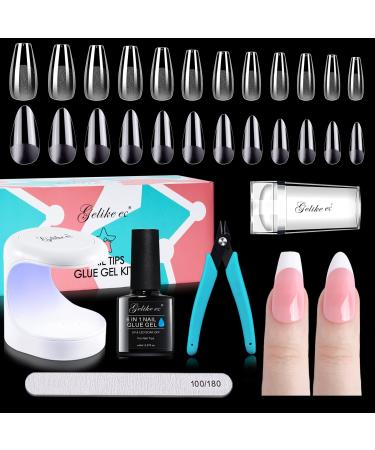 Gelike EC Soft Gel Nail Tip and Glue Gel Kit  Gel x Nail Kit with Almond and Coffin Shape  Ultra-Portable LED Nail Lamp  French Tip Nail Stamp DIY Nail Art Tools Gel Nail Extension Kit 2-Medium Almond & Coffin