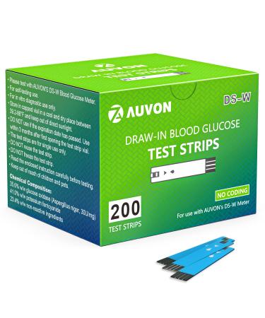 AUVON I-QARE DS-W Draw-in Blood Glucose Test Strips (200 Count) for use with AUVON DS-W Diabetes Sugar Testing Meter (No Coding Required, 4 Box of 50 Each)