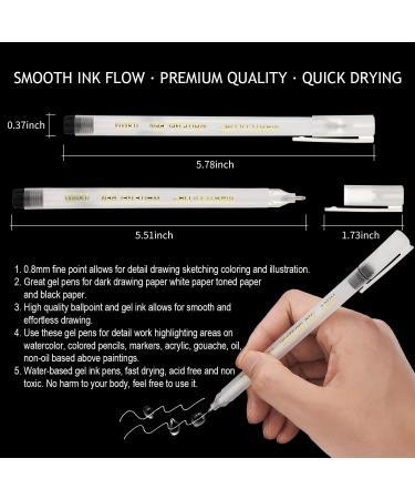 White Gel Ink Pens - 0.8MM Fine Tip, for Artists, Drawing, Sketching, Black  Paper, Pack of 6