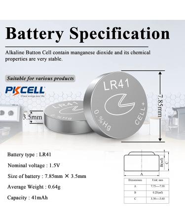 PKCELL AG3 1.5V Battery LR41 392 384 192 Button Alkaline Cell for Digital  Thermometer- 5Count