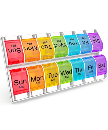 7 Days AM PM Pill Organizer - 2 Times a Day Large Weekly Pills Case, BPA-Free Pills Box Container Cases, Morning and Night Pill Boxes with Unique Push-Button Pop Open Design Hold Vitamin, Medicine