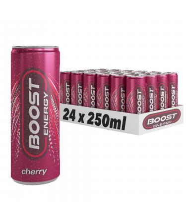 Boost Energy Drink Cherry Flavour 250ml x 24 pack Vegan Friendly Great Tasting Energy Boost Less than 60 kcals per can Gluten Free Taurine Carbonated Drink with Added B Vitamins and Caffeine Cherry 24 x 250ml
