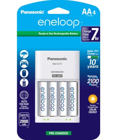 Panasonic K-KJ17MCA4BA Advanced Individual Cell Battery Charger Pack with 4 AA eneloop 2100 Cycle Rechargeable Batteries AA 4-Pack w/ Standard Charger