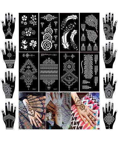 XMASIR Henna Tattoo Kit Stencils, 16 Sheets Temporary Reusable Tattoo Sets  Indian Arabian Temporary Tattoo Templates Kit for Body Art Paint