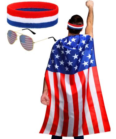 American Flag Costume Cape, Retro 80's American USA Sunglasses and USA Flag Headband for 4th of July Independence Day Celebration