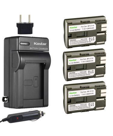 Kastar Battery (3-Pack) and Charger for Canon BP-511, BP-511A, BP511, BP511A and EOS 5D, 10D, 20D, 30D, 40D, 50D, Digital Rebel 1D, D60, 300D, D30, Kiss Powershot G5, Pro 1, G2, G3, G6, G1, Pro90 etc.