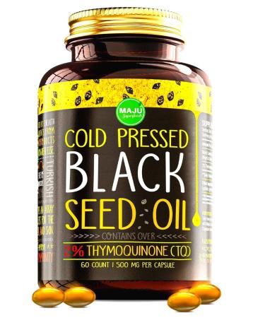 MAJU's Black Seed Oil Capsules - Cold Pressed, 2% Thymoquinone, 100% Turkish Black Cumin Nigella Sativa Seed Oil, Organic BSO, Non-GMO, 100% Liquid Pure Blackseed Oil, 60 count, 500mg per capsule