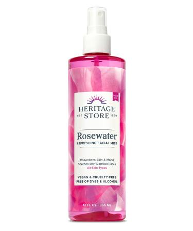 Heritage Store Rosewater, Refreshing Facial Mist for Glowing Skin, With Damask Rose Oil, All Skin Types, Rose Water Spray for Face Made Without Dyes or Alcohol, Vegan & Cruelty Free (12oz) 12 Fl Oz